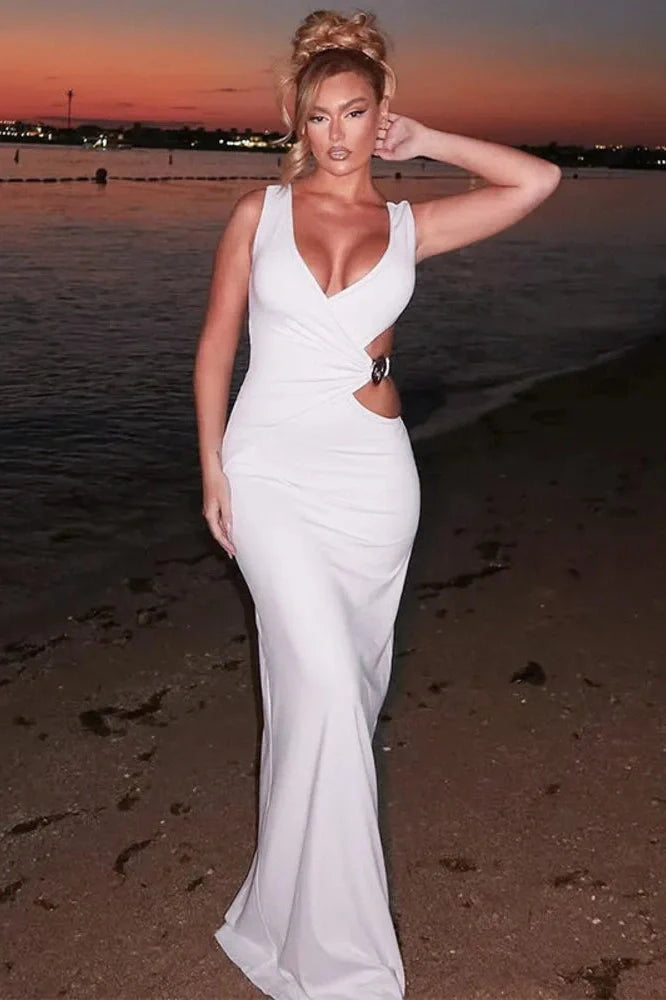 Hollow Out Backless V Neck Sleeveless Bodycon Maxi Dress