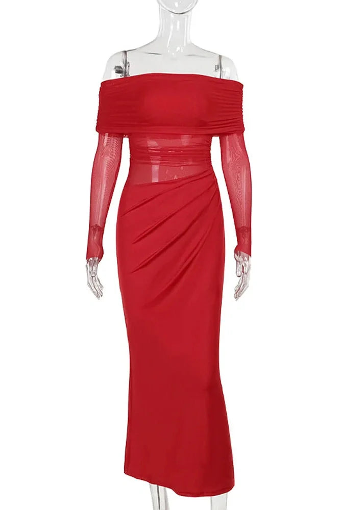 See-Through Patchwork Off-Shoulder Long Sleeve Maxi Dress