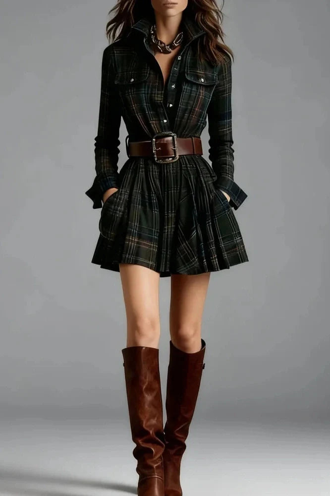 Long Sleeve Pleated High Waist Slim Stripe Printed Mini Dress