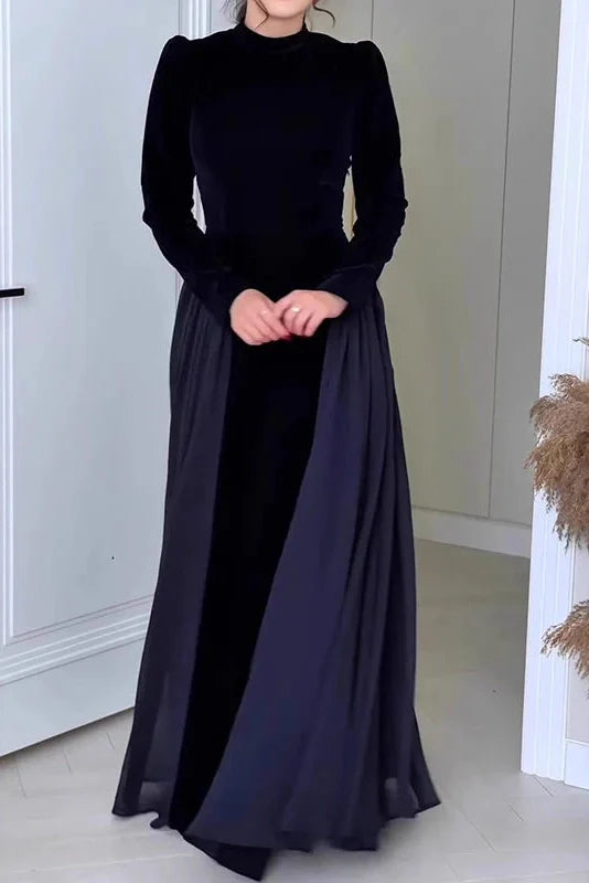 Elegant Long Sleeve Pleated O-Neck Maxi Dress