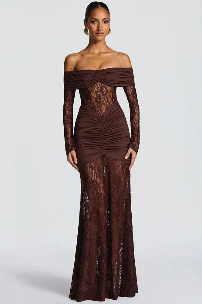 Off-Shoulder Long Sleeve Lace See Through Strapless Bodycon Maxi Dress