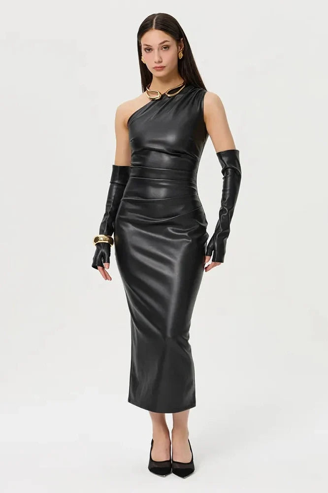 Elegant PU Leather Slim Backless Irregular Midi Dress