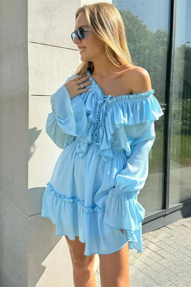 V-Neck Patchwork Long Sleeve High Waist Lace-Up Mini Dress