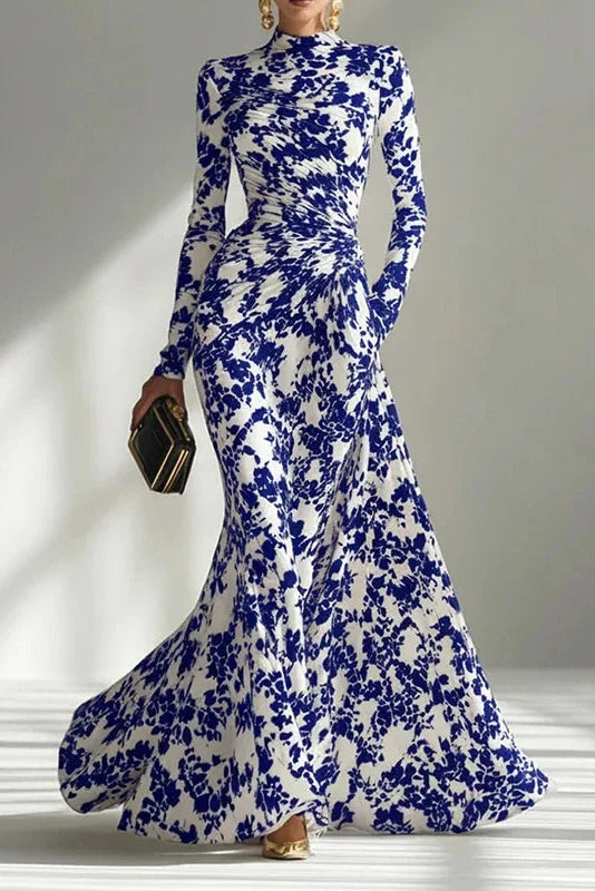 Long Sleeve Slim Pleated High Waist Printed Maxi Dress