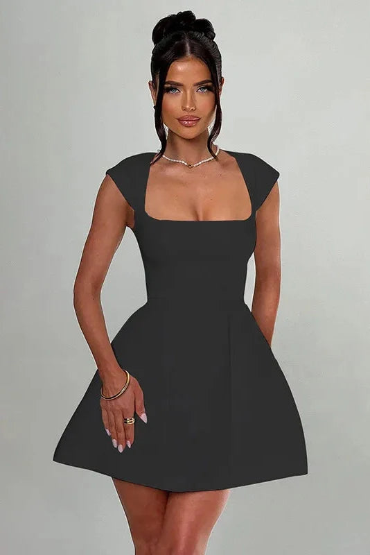 Square Collar A-Line High Waist Patchwork Mini Dress