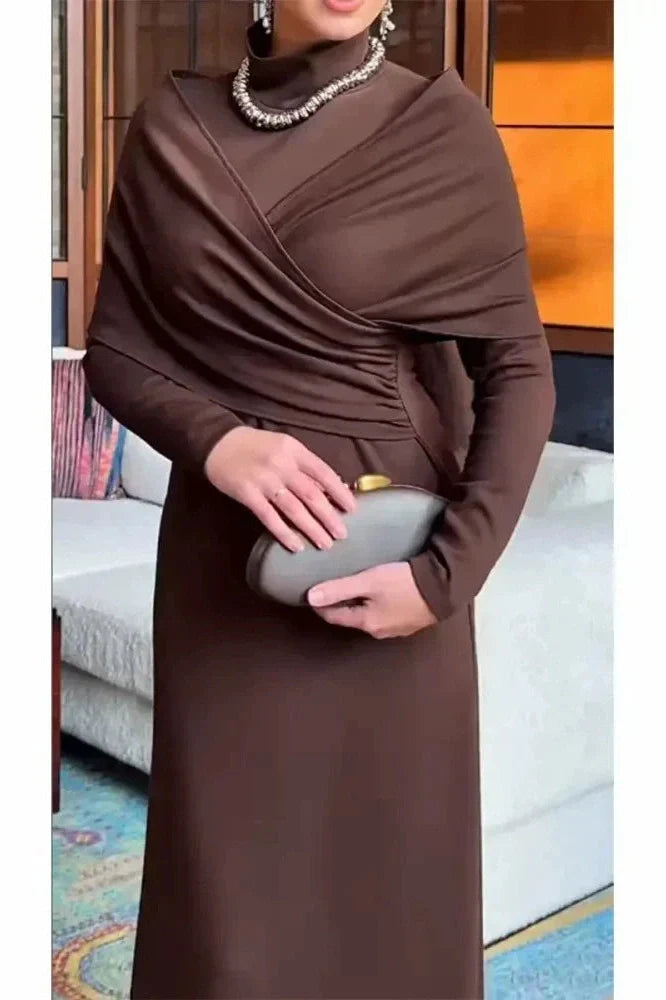 Elegant High Waist Long Sleeve Slim Pleated Irregular Maxi Dress
