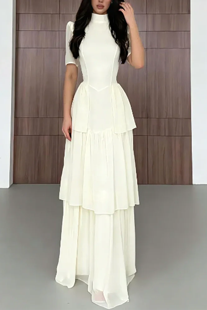 O-Neck Pleat High Waist Maxi Dress