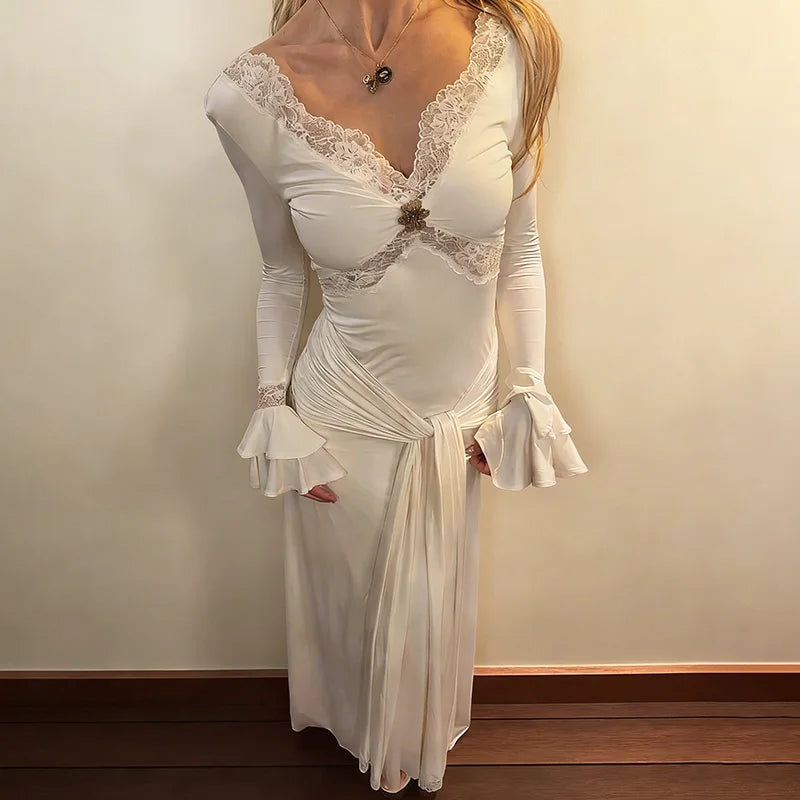 Elegant Hollow Out V-Neck Patchwork Maxi Dress