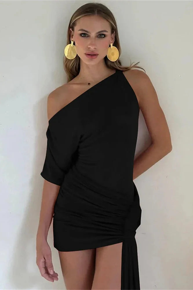 One-Shoulder Slim Patchwork Bodycon Mini Dress