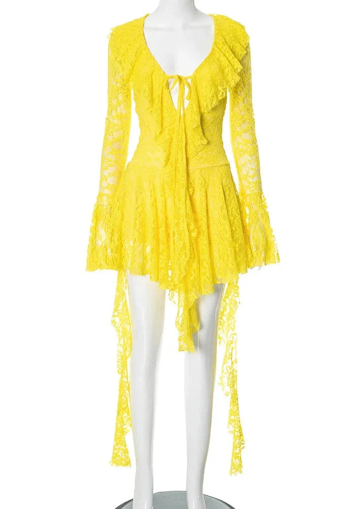 Lace Deep V Neck Long Sleeve A-line Mini Dress