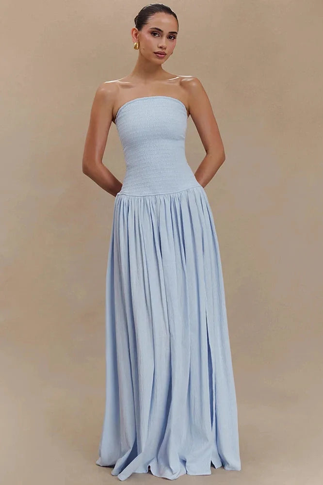 Off-Shoulder Strapless Sleeveless Backless High Split Pleated Maxi Dress