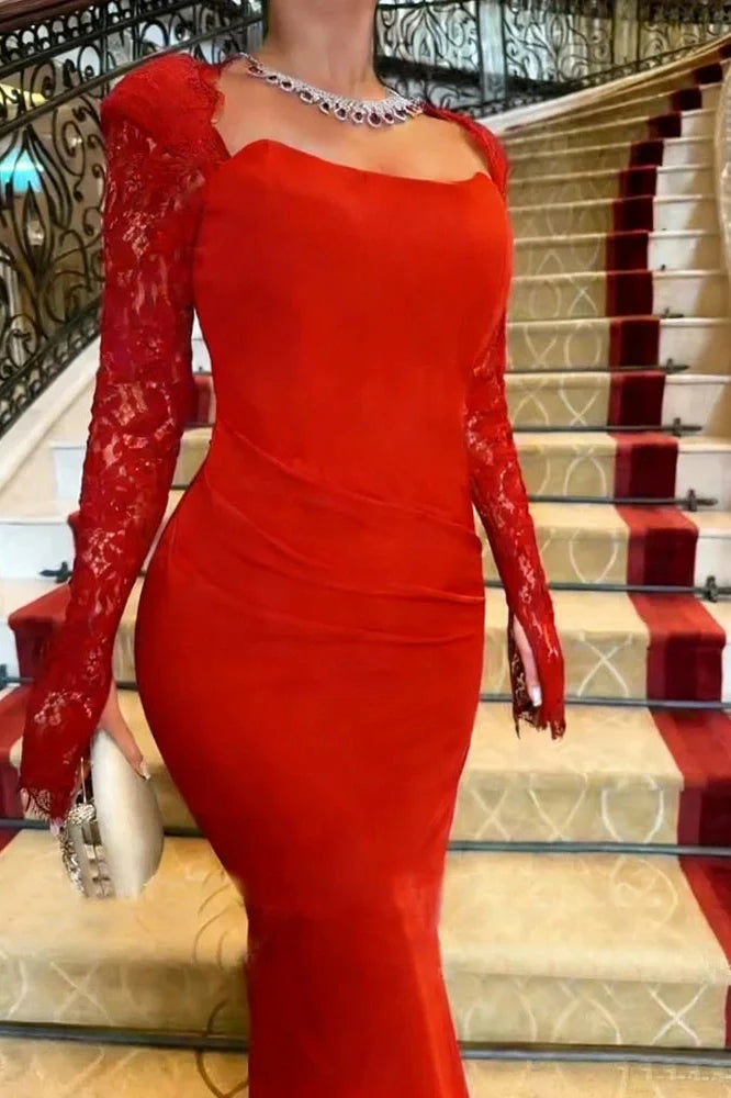 Long Sleeve Pleated Bodycon Square Collar Lace Slim Maxi Dress