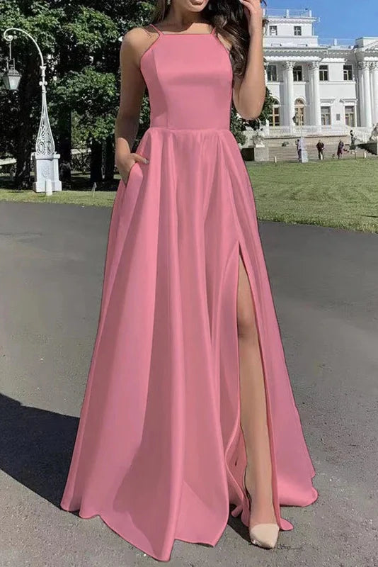 Sleeveless Slim High Waist Pleat Square Collar Maxi Dress