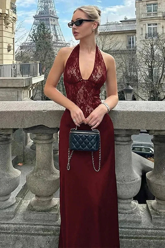 Hollow-Out Lace Patchwork Deep V-Neck Maxi Dress