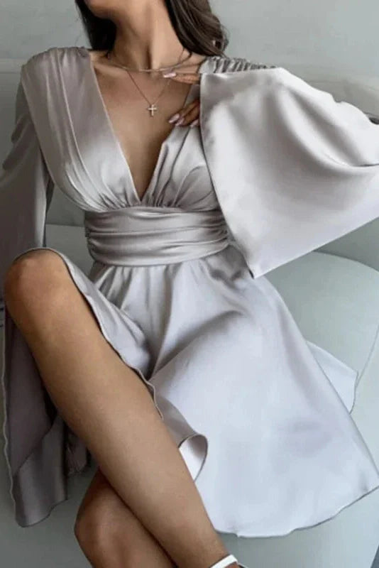 Elegant Long Sleeve Deep V Neck High Waist Mini Dress