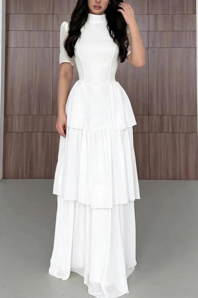 O-Neck Pleat High Waist Maxi Dress