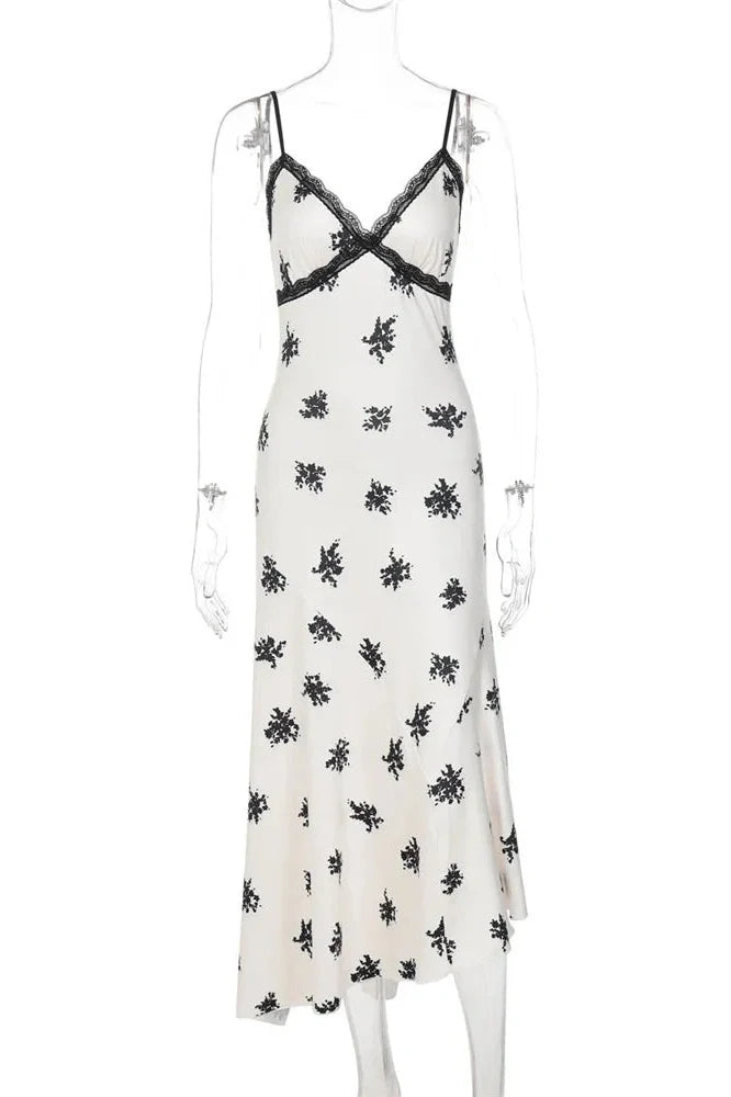 Printed Lace Patchwork High Waist Slim V-Neck Midi Dress