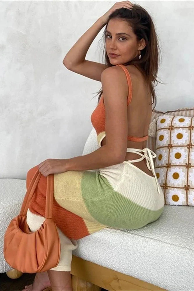 Spaghetti Strap Knitted Backless Bodycon Maxi Dress