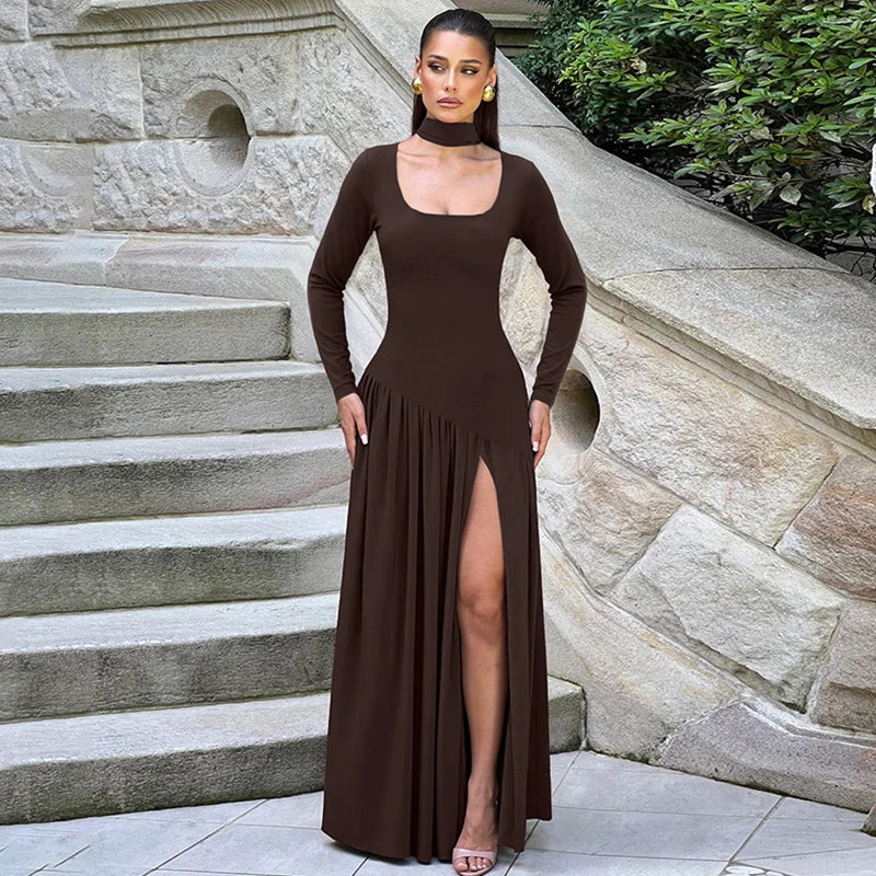 Square Neck Scarf Ribbon Slim Long Sleeve Maxi Dress