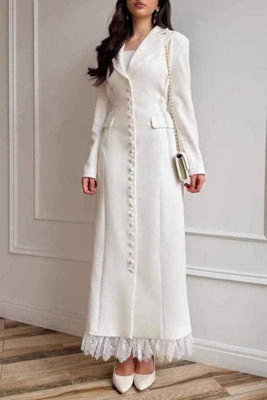 Long Sleeve Single Breasted V-Neck Lace Maxi Dress