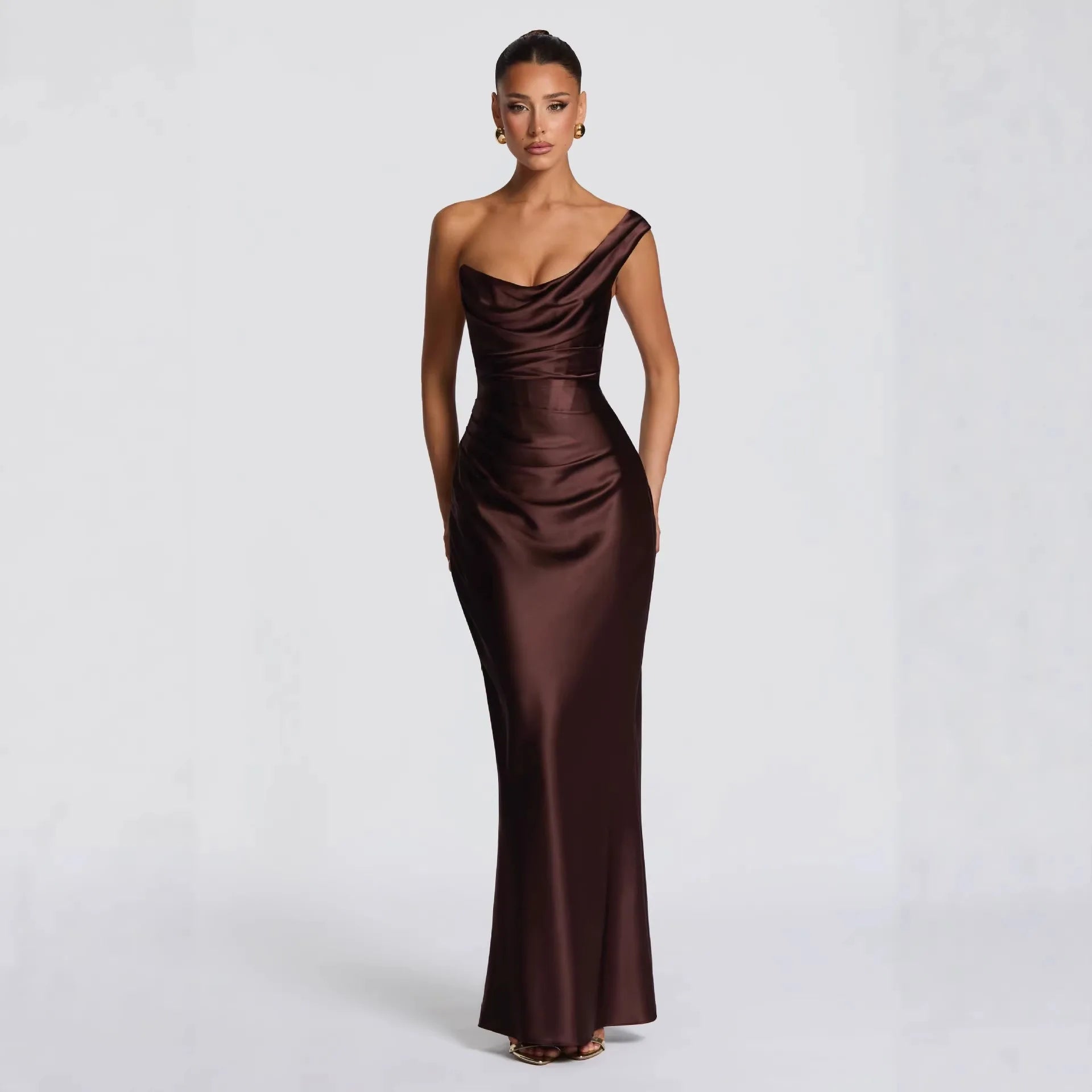 One Shoulder Sleeveless Pleated Lace-Up Maxi Dress