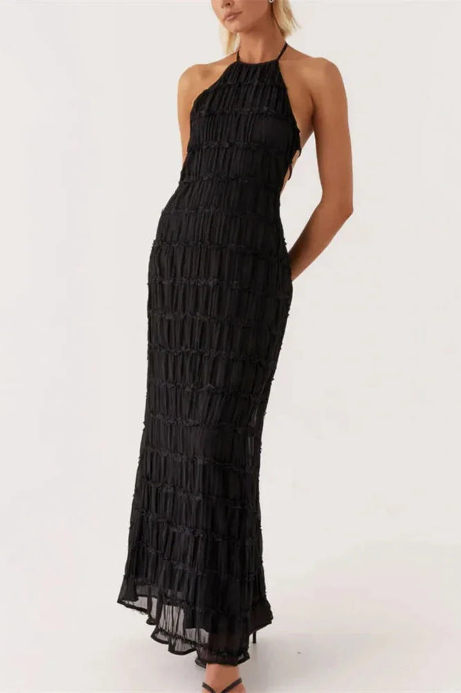 Patchwork Lace-Up Backless High Waist Maxi Dress