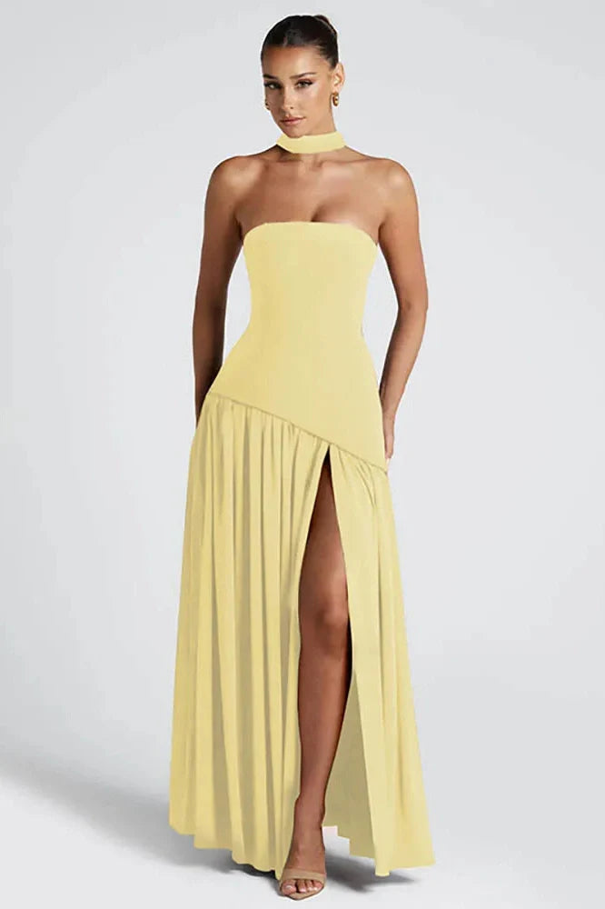 Off-Shoulder Scarf Collar Strapless Sleeveless High Split Maxi Dress