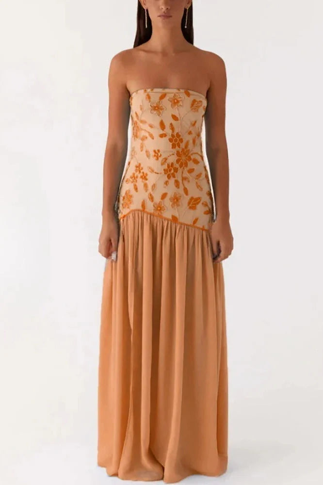 Off-Shoulder Split Print Strapless Backless Pleated Maxi Dress