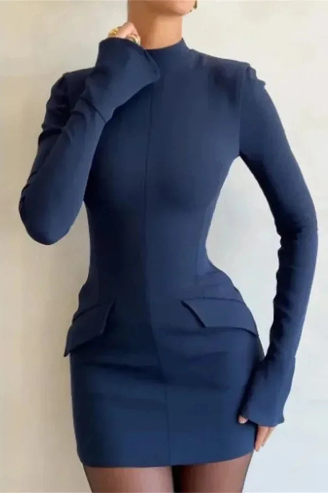 Patchwork High Waist Long Sleeve Slim Mini Dress