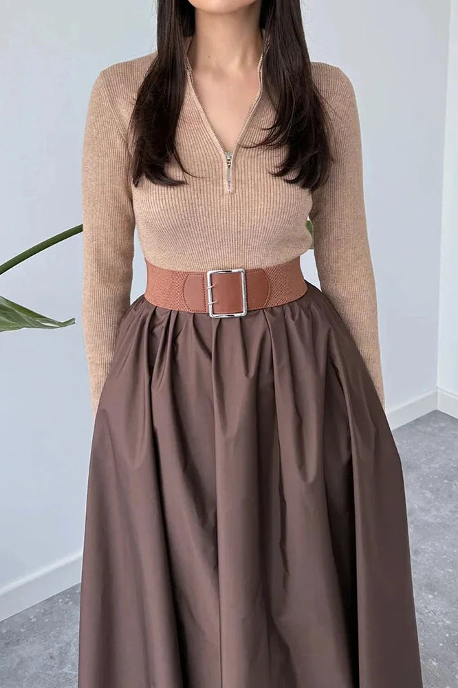 Elegant Zipper Pleated Knitted High Waist Maxi Dress