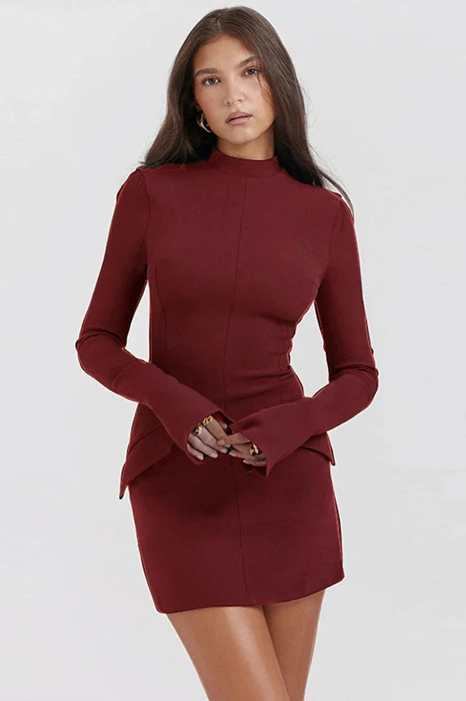 Patchwork High Waist Long Sleeve Slim Mini Dress