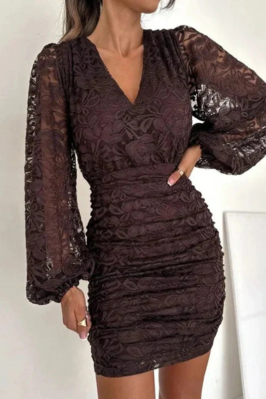 Elegant Slim High Waist Pleated Lace V-Neck Long Sleeve Mini Dress