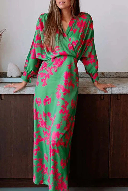 Elegant Long Sleeve High Waist Printed V-Neck Maxi Dress