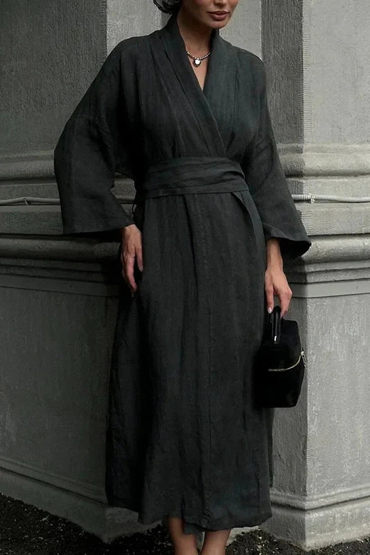 Lace-Up High Waist V-Neck Midi Dress