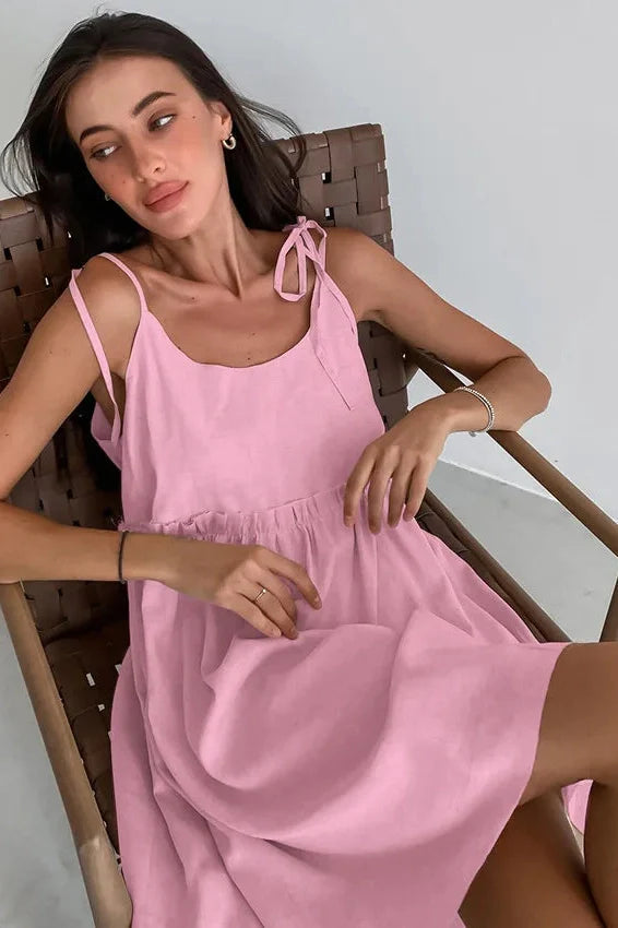 Spaghetti Strap Loose Cotton Lace Up Mini Dress