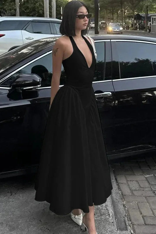 Deep V Neck High Waist Backless Midi Dress
