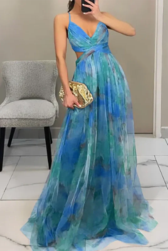 Elegant Print Pleated V Neck High Waist Backless Maxi Dress