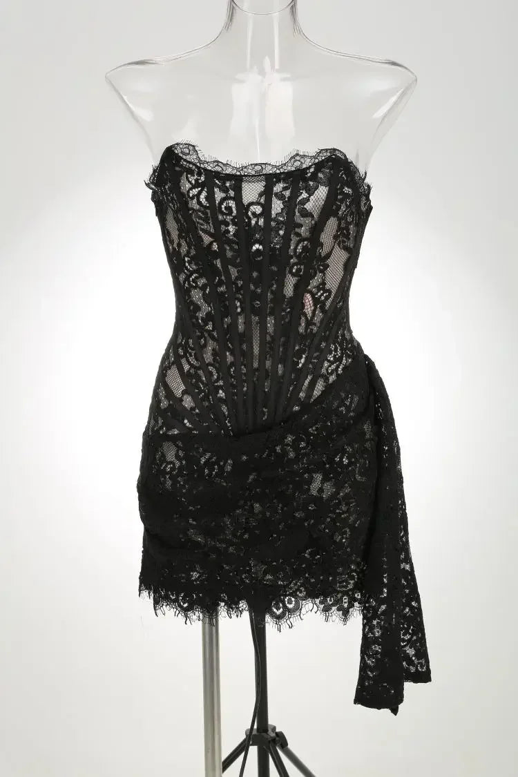 Lace See-Through Patchwork Bodycon Irregular Mini Dress