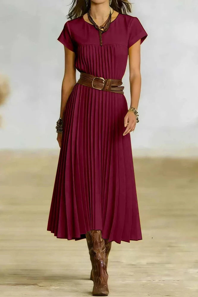 O-Neck Short Sleeve Pleated Loose High Waist Midi Dress