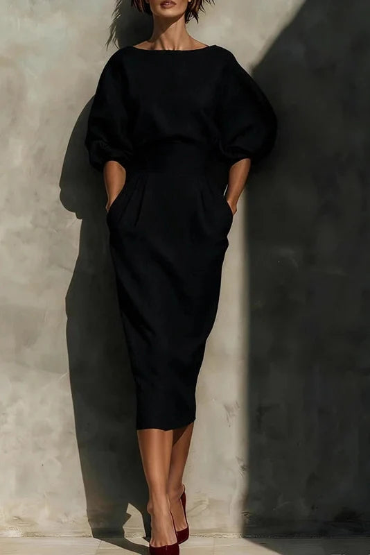 Elegant A-Line O-Neck Lantern Sleeve High Waist Pleated Midi Dress