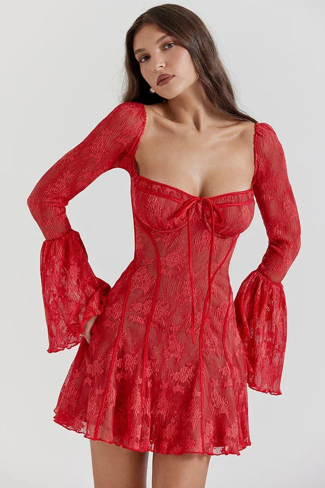 Lace Print Long Flare Sleeve Square Collar Maxi Dress