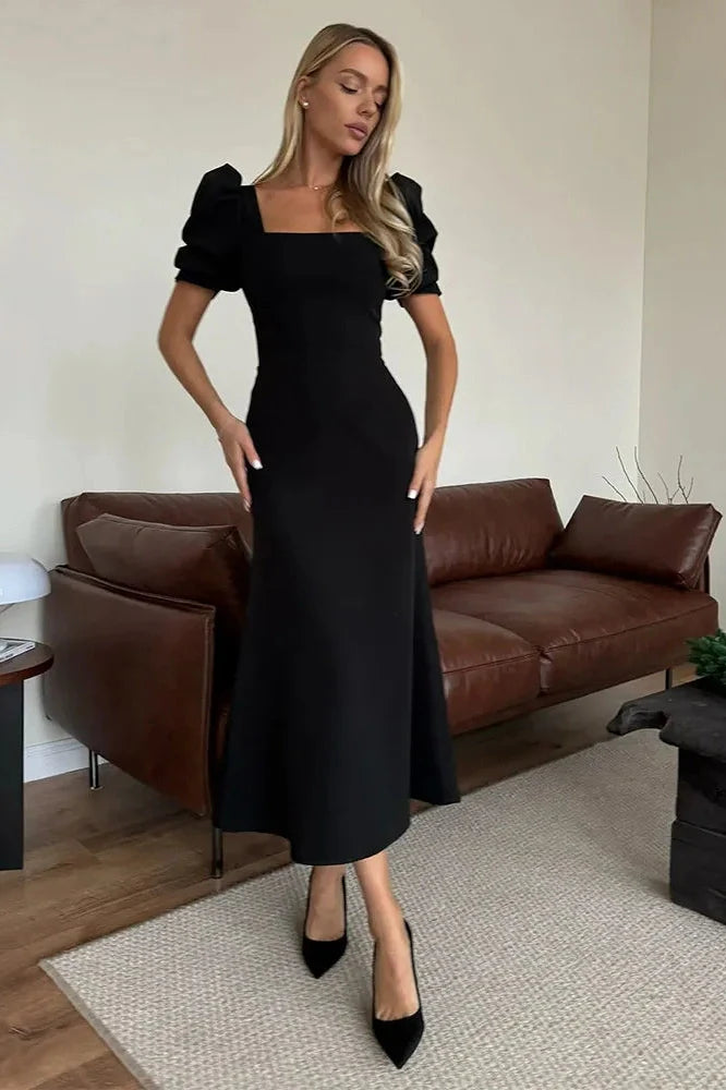Elegant Square-Neck Short-Sleeved Slim Midi Dress