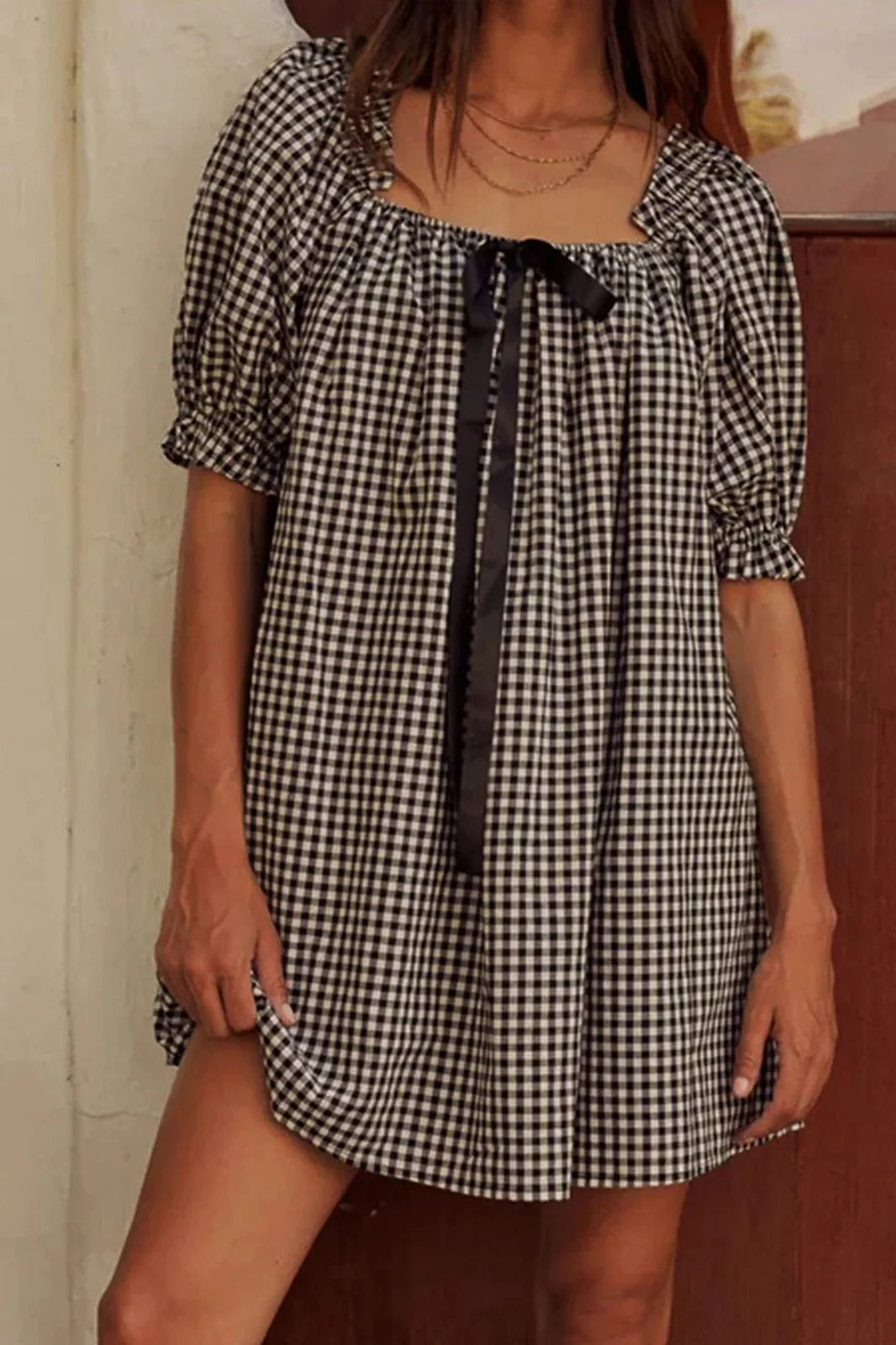 Plaid Loose Square Neck Puff Sleeve Mini Dress
