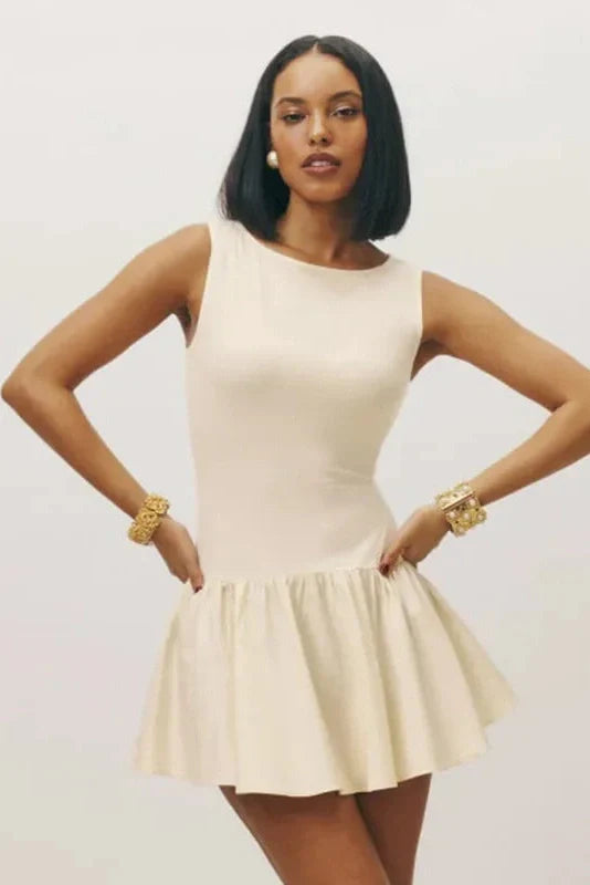 Sleeveless Pleated High Waist Round Neck Slim Mini Dress