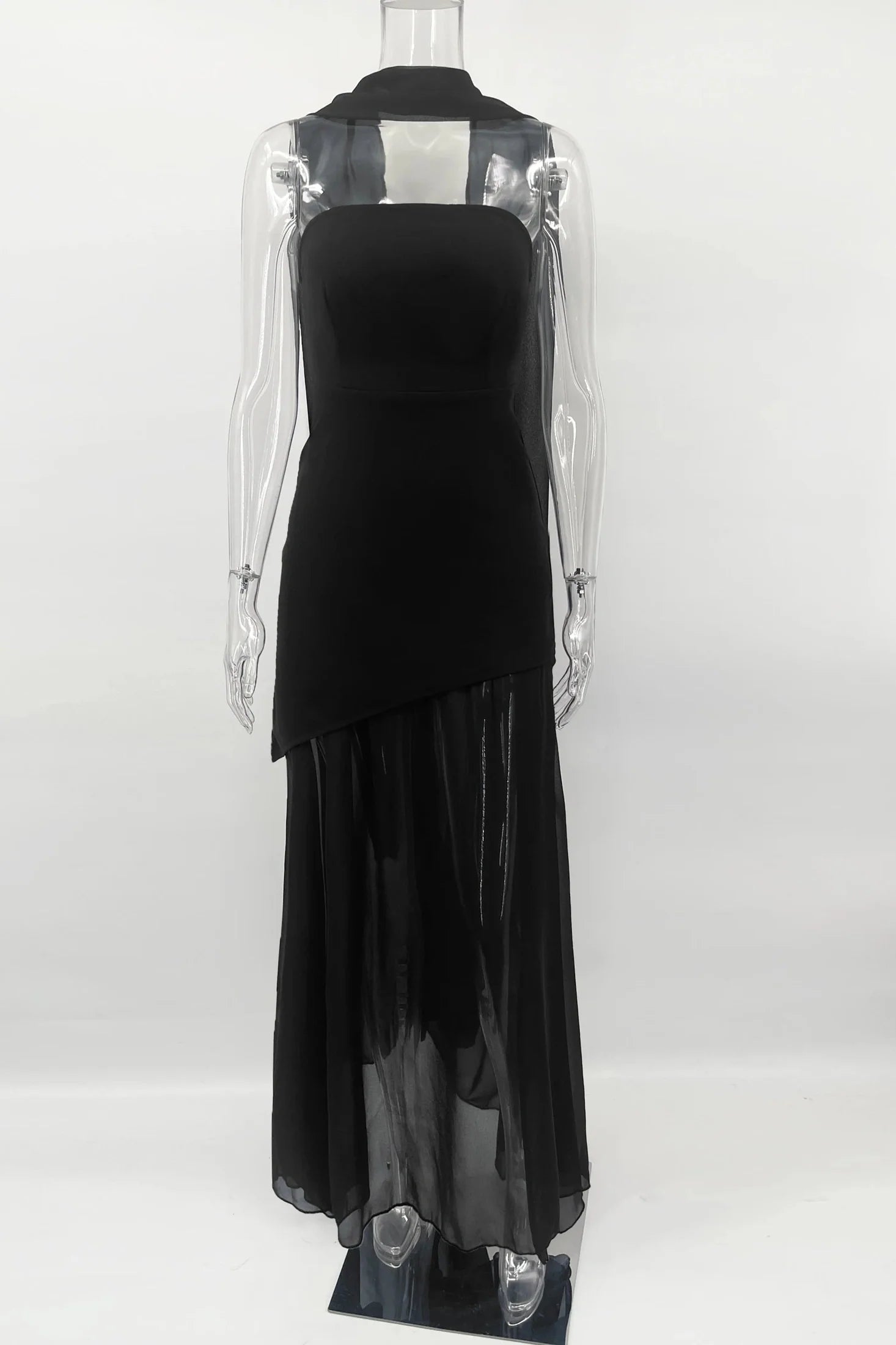 Elegant Strapless Sleeveless Mesh Maxi Dress