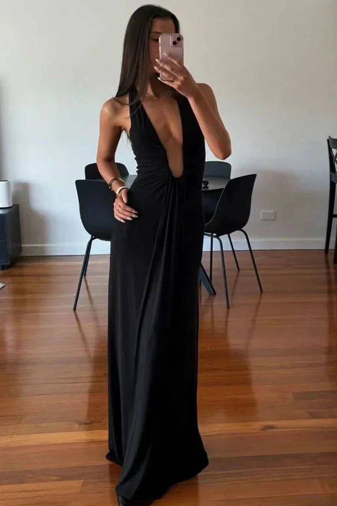 Elegant Deep V Neck Slim Sleeveless Maxi Dress