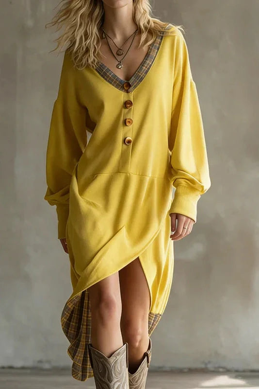 Long Sleeve V-Neck Button Split High Waist Irregular Midi Dress