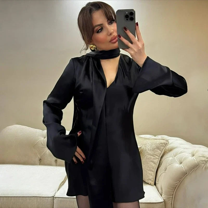 Scarf V Neck Patchwork Lace Up Mini Dress
