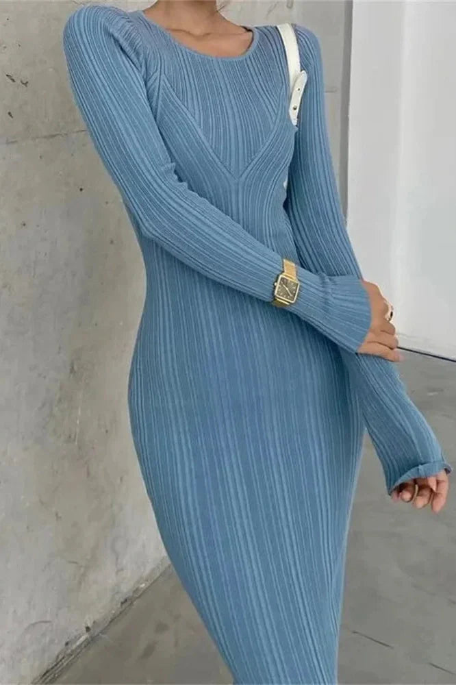 Long Sleeve Slim High Waist Patchwork Midi Dress