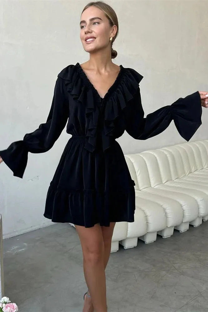 V-Neck Patchwork Long Sleeve High Waist Lace-Up Mini Dress
